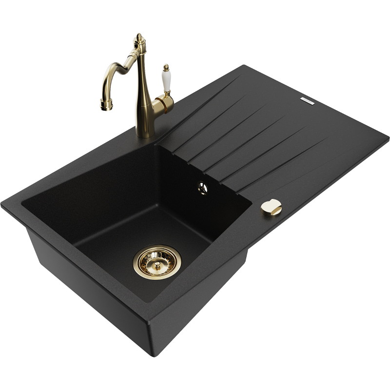 Mexen Cesar granit sink 1-bowl with drainer and kitchen faucet Carla, black - 6514-77-670700-50
