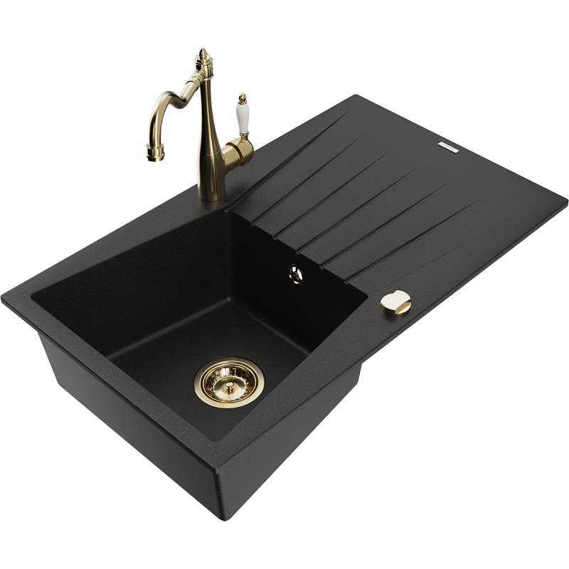 Mexen Cesar Granite Sink 1-Bowl with Drainer and Carla Kitchen Tap, Black - 6514-77-670700-50