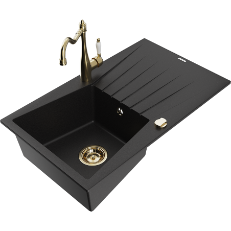 Mexen Cesar Granite Sink 1-Bowl with Drainer and Carla Kitchen Tap, Black - 6514-77-670700-50
