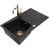 Mexen Cesar granite single-bowl kitchen sink with drainer and Carla kitchen faucet, black - 6514-77-670700-50