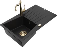 Mexen Cesar Granite Sink 1-Bowl with Drainer and Carla Kitchen Tap, Black - 6514-77-670700-50