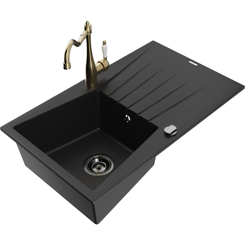 Mexen Cesar 1-bowl granite sink with drainer and kitchen faucet Carla, black - 6514-77-670700-50-B