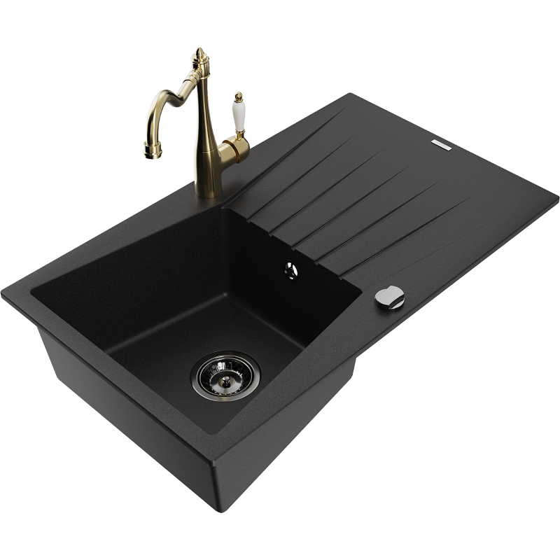 Mexen Cesar granite sink single-bowl with drainer and Carla kitchen tap, black - 6514-77-670700-50-B
