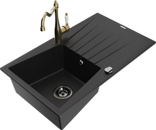 Mexen Cesar granite sink single-bowl with drainer and Carla kitchen tap, black - 6514-77-670700-50-B