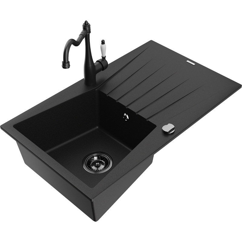 Mexen Cesar granite kitchen sink 1-bowl with drainer and Carla kitchen faucet, black - 6514-77-670700-70-B