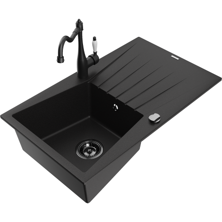 Mexen Cesar granite kitchen sink 1-bowl with drainer and Carla kitchen faucet, black - 6514-77-670700-70-B