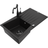Mexen Cesar granite sink, single bowl with drainer and Carla kitchen tap, black - 6514-77-670700-70-B