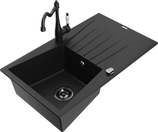 Mexen Cesar granite sink, single bowl with drainer and Carla kitchen tap, black - 6514-77-670700-70-B