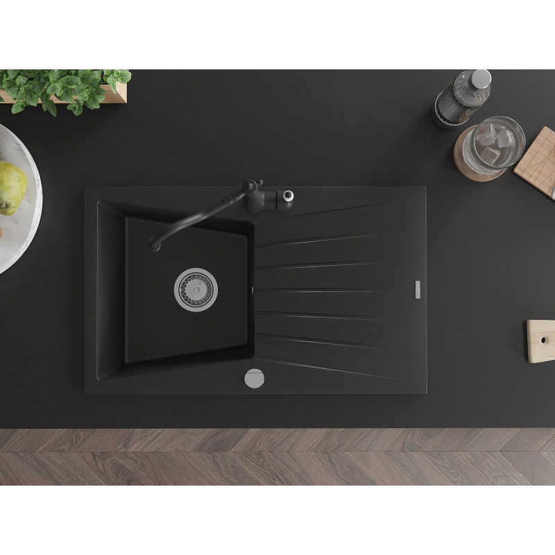 Mexen Cesar granite sink, 1-bowl with drainer and Carla kitchen tap, black - 6514-77-670700-70