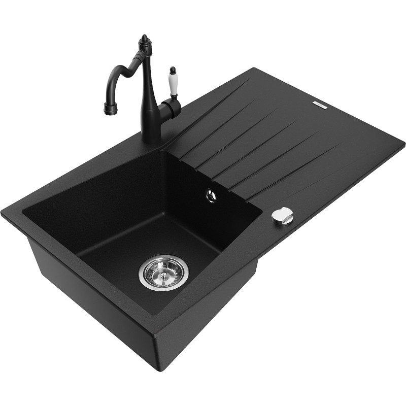 Mexen Cesar granite sink 1-bowl with drainer and Carla kitchen faucet, black - 6514-77-670700-70