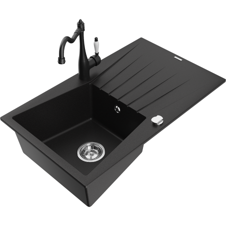 Mexen Cesar granite sink, 1-bowl with drainer and Carla kitchen tap, black - 6514-77-670700-70