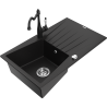 Mexen Cesar granite sink 1-bowl with drainer and Carla kitchen faucet, black - 6514-77-670700-70