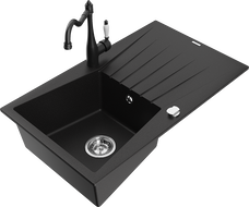 Mexen Cesar granite single-bowl sink with drainer and kitchen faucet Carla, black - 6514-77-670700-70