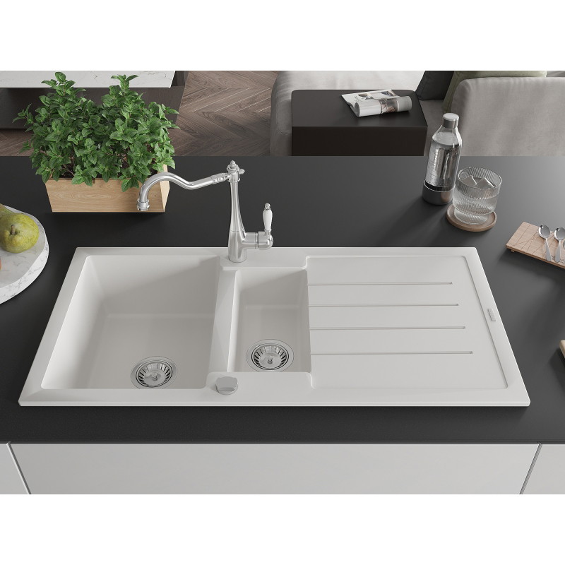 Mexen Andres 1.5-Bowl Granite Sink with Drainer and Carla Kitchen Faucet, White - 6515-20-670700-00