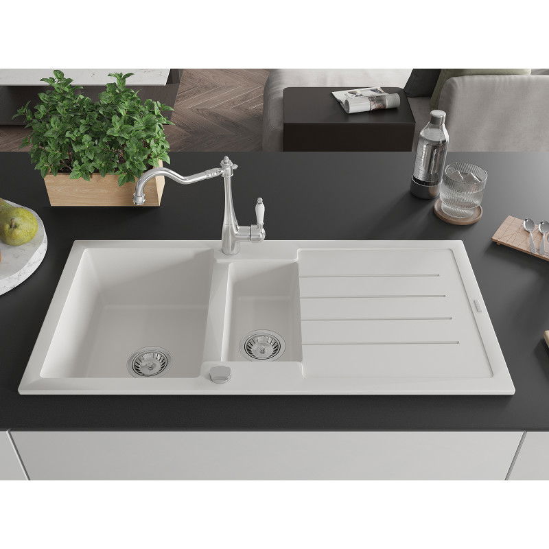 Mexen Andres granite sink 1.5-bowl with drainer and Carla kitchen tap, white - 6515-20-670700-00