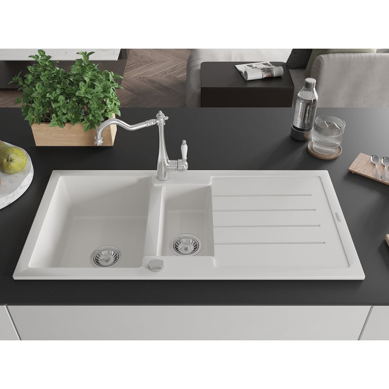 Mexen Andres granite sink 1.5-bowl with drainer and kitchen faucet Carla, white - 6515-20-670700-00