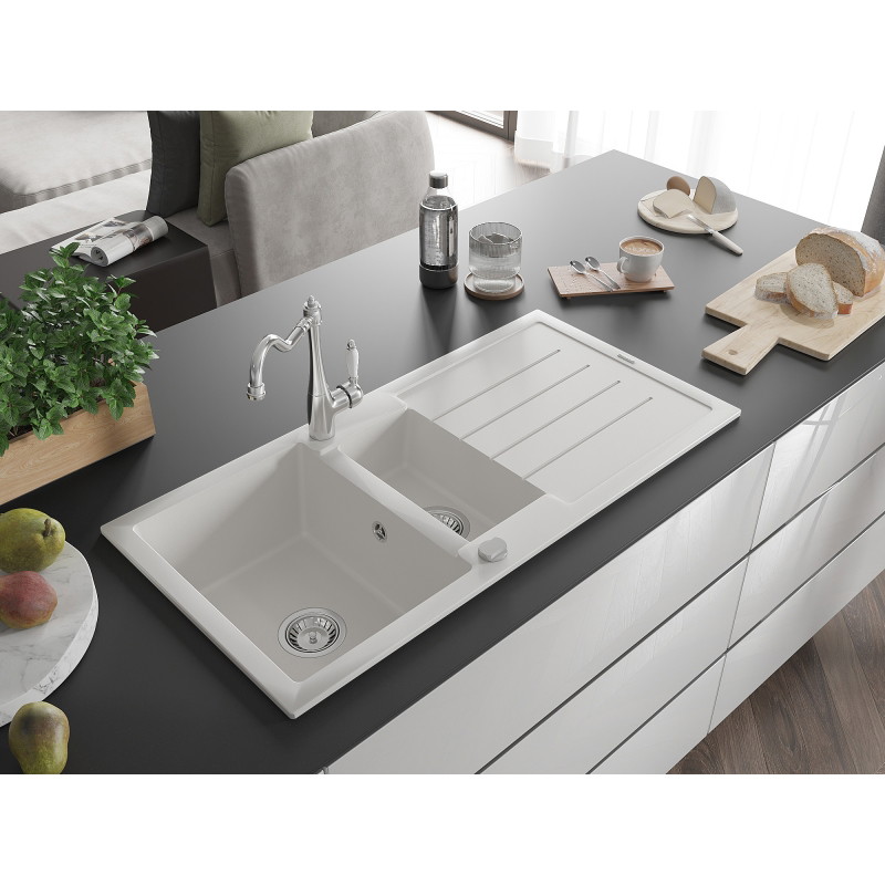 Mexen Andres 1.5-Bowl Granite Sink with Drainer and Carla Kitchen Faucet, White - 6515-20-670700-00