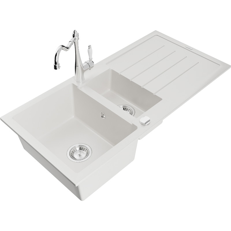Mexen Andres 1.5-Bowl Granite Sink with Drainer and Carla Kitchen Faucet, White - 6515-20-670700-00