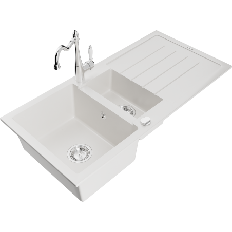Mexen Andres 1.5-Bowl Granite Sink with Drainer and Carla Kitchen Faucet, White - 6515-20-670700-00