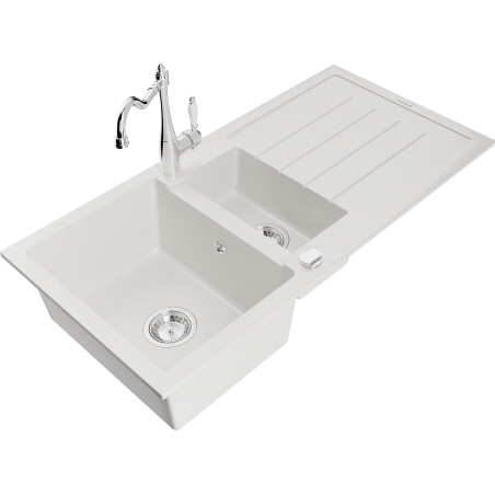 Mexen Andres 1.5-compartment granite sink with a drip tray and kitchen mixer tap Carla, White - 6515-20-670700-00