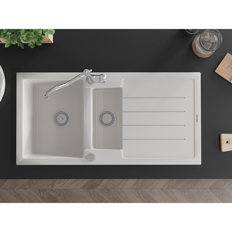 Mexen Andres granite sink 1.5-bowl with drainer and kitchen faucet Carla, white - 6515-20-670700-00