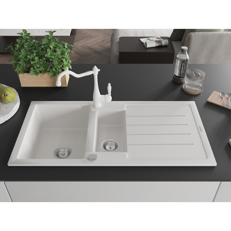 Mexen Andres granite sink 1.5-bowl with drainer and kitchen faucet Carla, white - 6515-20-670700-20