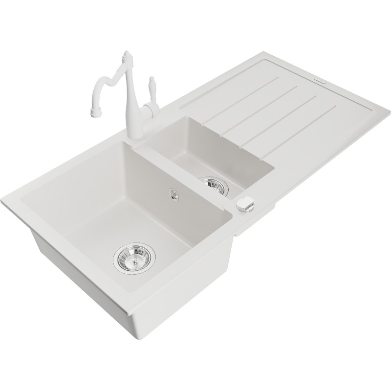 Mexen Andres granite sink 1.5-bowl with drainer and kitchen faucet Carla, white - 6515-20-670700-20