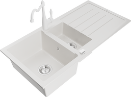 Mexen Andres 1.5-compartment granite sink with a drip tray and kitchen mixer tap Carla, White - 6515-20-670700-20