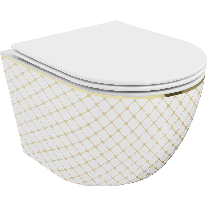 Mexen Lena Rimless toilet bowl with a slim soft close toilet seat, duroplast, white/gold checked pattern - 30224009