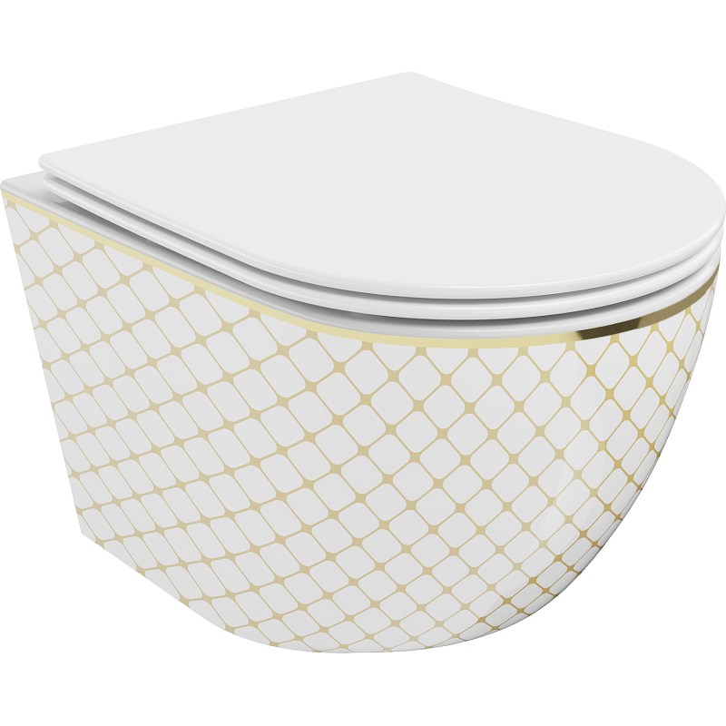 Mexen Lena Rimless WC bowl with slim soft-close seat, duroplast, white/gold check pattern - 30224009