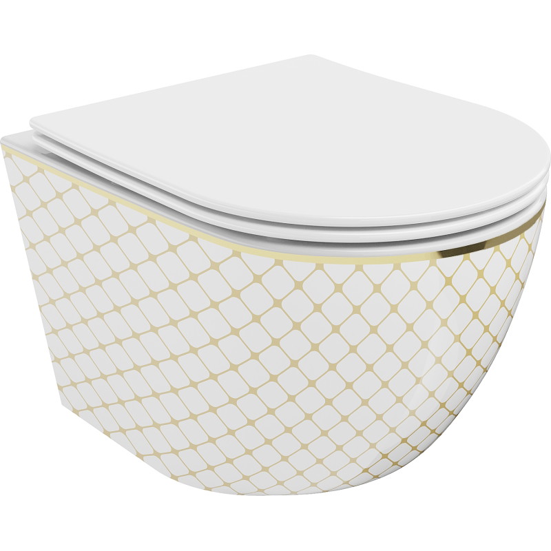 Mexen Lena Rimless WC Bowl with Soft-Close Slim Seat, Duroplast, White/Gold Check Pattern - 30224009