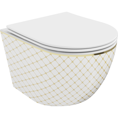 Mexen Lena Rimless WC bowl with slim soft-close seat, duroplast, white/gold check pattern - 30224009