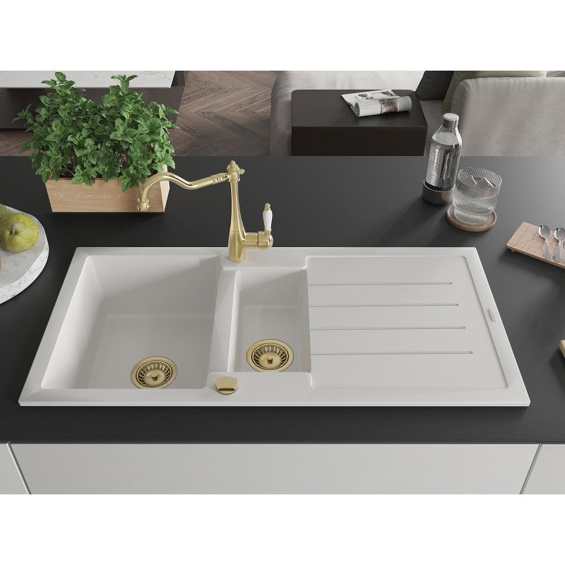 Mexen Andres granite sink 1.5-bowl with drainer and Carla kitchen tap, white - 6515-20-670700-50