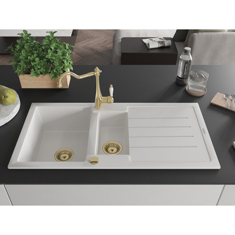 Mexen Andres granite sink 1.5-bowl with drainer and kitchen faucet Carla, white - 6515-20-670700-50