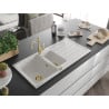 Mexen Andres granite sink 1.5-bowl with drainer and Carla kitchen tap, white - 6515-20-670700-50