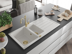 Mexen Andres 1.5-compartment granite sink with a drip tray and kitchen mixer tap Carla, White - 6515-20-670700-50