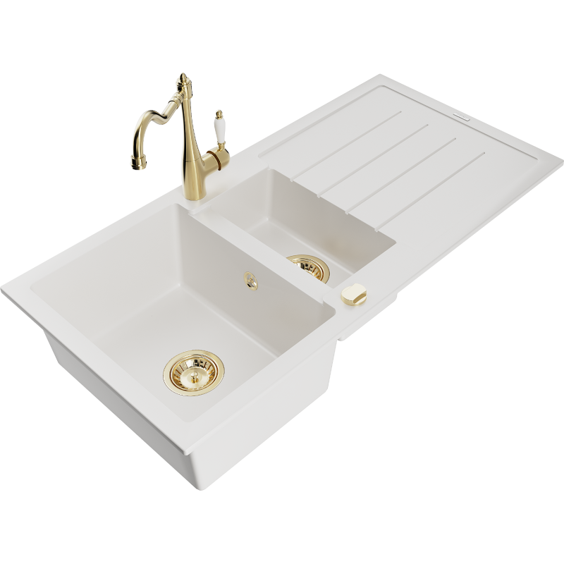 Mexen Andres 1.5-compartment granite sink with a drip tray and kitchen mixer tap Carla, White - 6515-20-670700-50