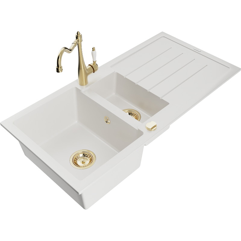 Mexen Andres granite kitchen sink 1.5-bowl with drainer and Carla kitchen faucet, white - 6515-20-670700-50