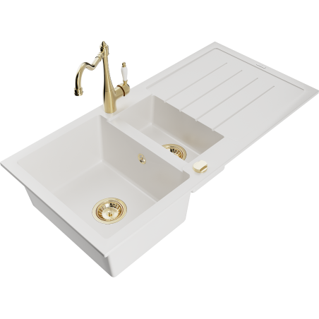 Mexen Andres granite sink 1.5-bowl with drainer and Carla kitchen tap, white - 6515-20-670700-50
