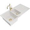 Mexen Andres 1.5-compartment granite sink with a drip tray and kitchen mixer tap Carla, White - 6515-20-670700-50