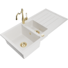 Mexen Andres granite sink 1.5-bowl with drainer and Carla kitchen tap, white - 6515-20-670700-50