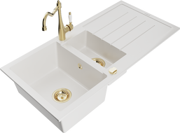 Mexen Andres 1.5-compartment granite sink with a drip tray and kitchen mixer tap Carla, White - 6515-20-670700-50