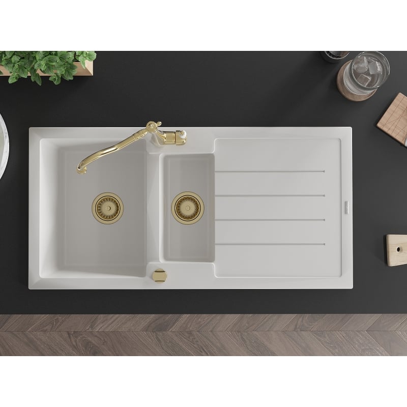 Mexen Andres granite kitchen sink 1.5-bowl with drainer and Carla kitchen faucet, white - 6515-20-670700-50