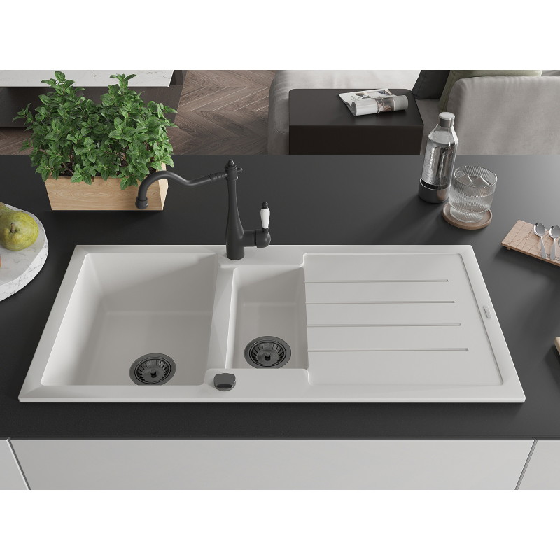 Mexen Andres 1.5-bowl granite sink with drainer and Carla kitchen faucet, white - 6515-20-670700-70
