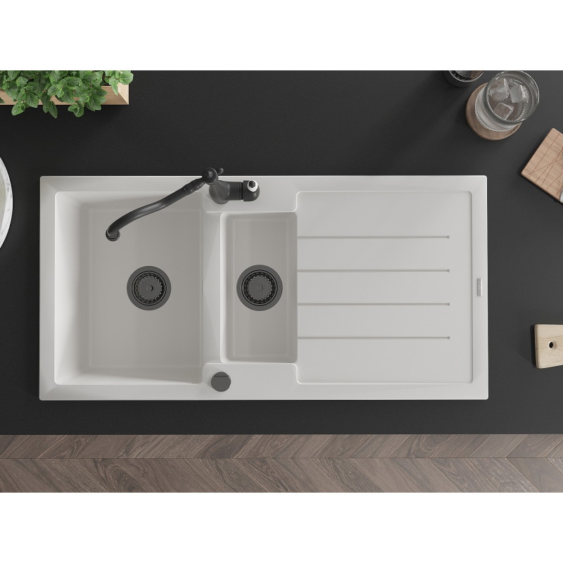 Mexen Andres 1.5-bowl granite sink with drainer and Carla kitchen faucet, white - 6515-20-670700-70
