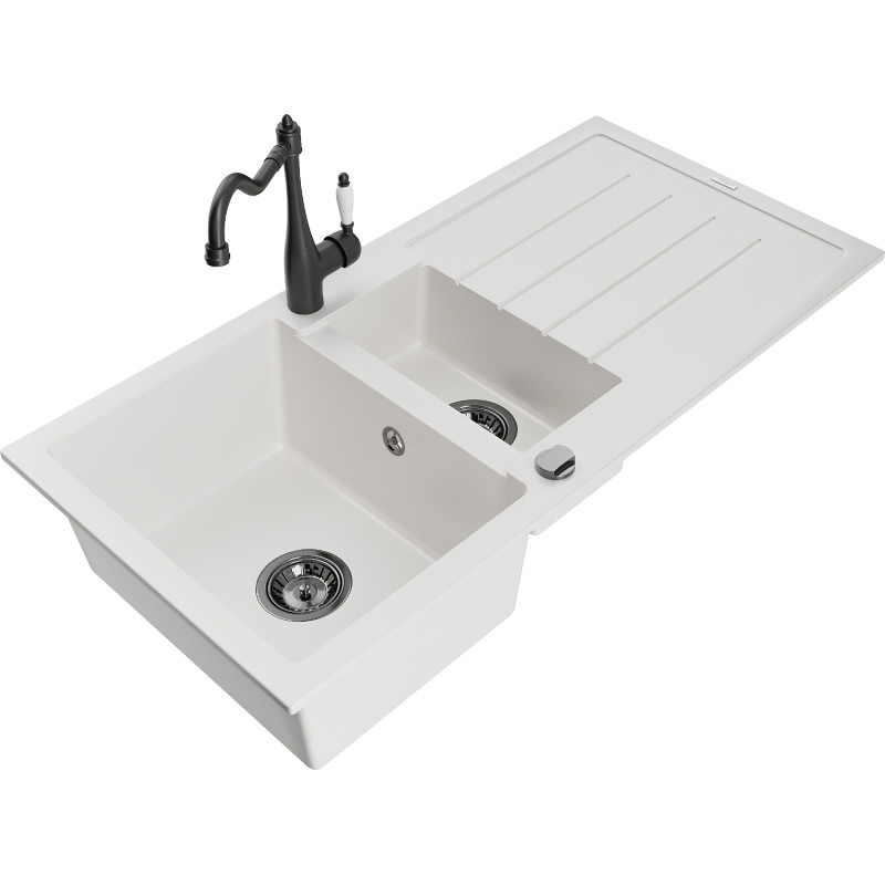 Mexen Andres granit kitchen sink 1.5-bowl with drainer and Carla kitchen faucet, white - 6515-20-670700-70