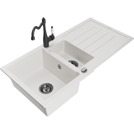 Mexen Andres 1.5-compartment granite sink with a drip tray and kitchen mixer tap Carla, White - 6515-20-670700-70