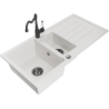 Mexen Andres 1.5-bowl granite sink with drainer and Carla kitchen faucet, white - 6515-20-670700-70