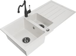 Mexen Andres 1.5-bowl granite sink with drainer and Carla kitchen faucet, white - 6515-20-670700-70