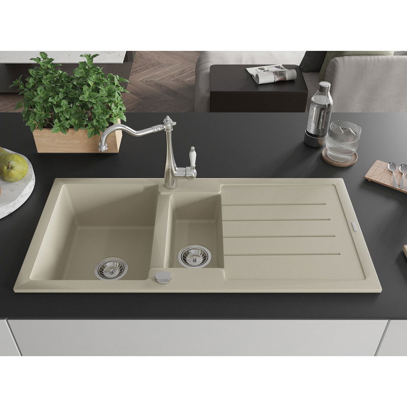 Mexen Andres 1.5-bowl Granite Kitchen Sink with Drainer and Carla Tap, Beige - 6515-69-670700-00